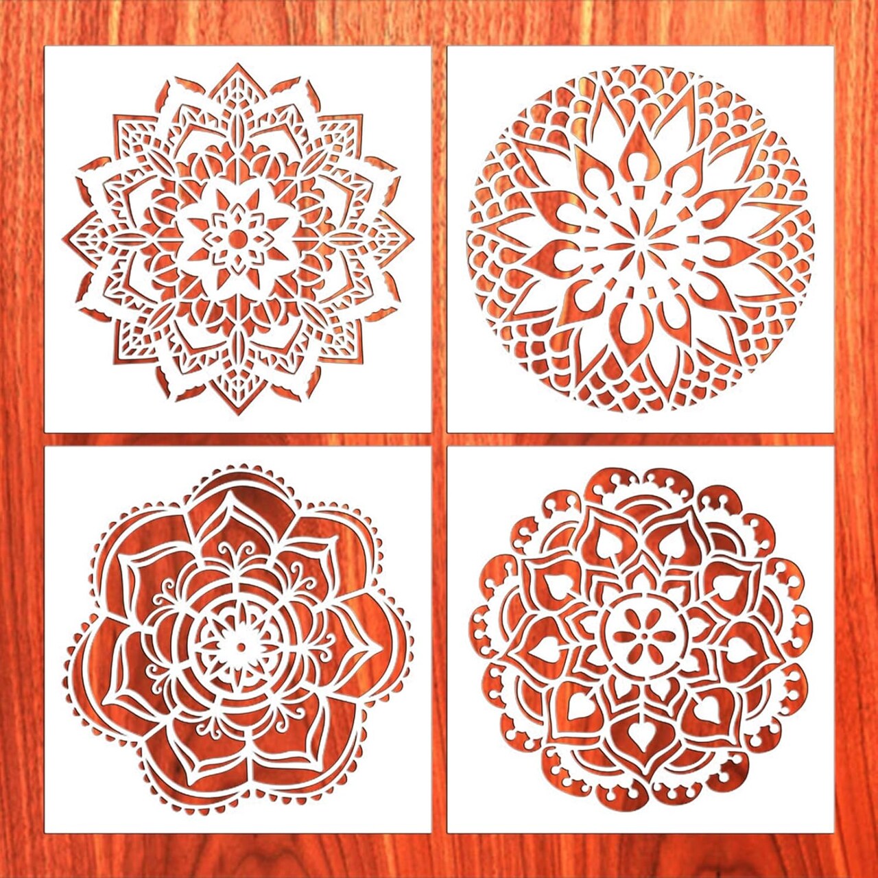 4PCS Extra Large Mandala Stencils for Painting – Reusable Floral Mandala Templates for DIY Wall, Tile, Floor, Wood, Canvas, Furniture & Craft Projects (12x12 Inch)